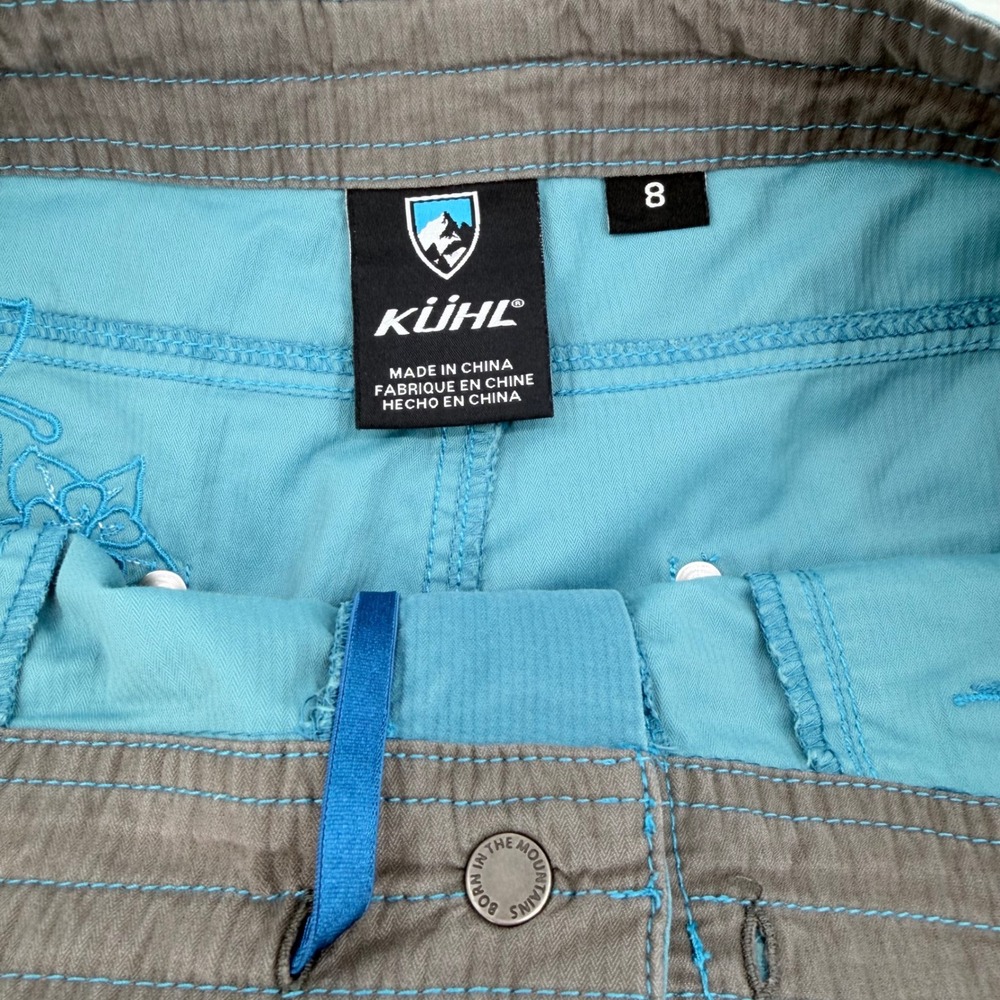 KUHL Capri Pants Womens 8 Blue Teal Embroidered Floral Hiking Utility - Picture 3 of 7